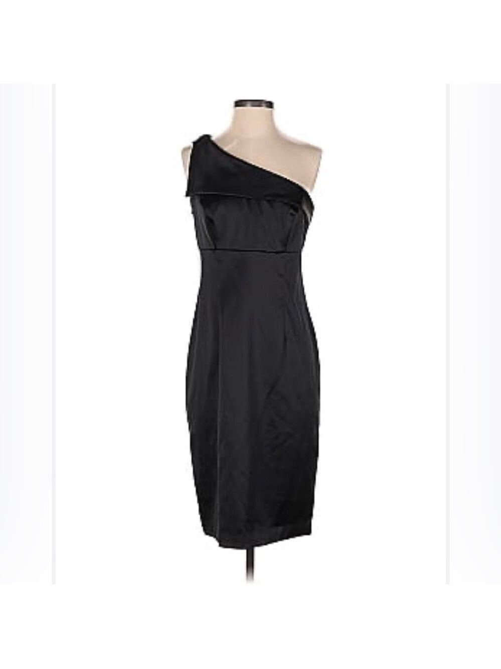 White House black market black satin one shoulder cocktail sheath party dress 0